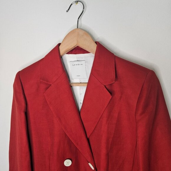Sandro Paris Double-breasted Twill Oversized Blazer Jacket Sz 36/ 4 US Red - Picture 6 of 13